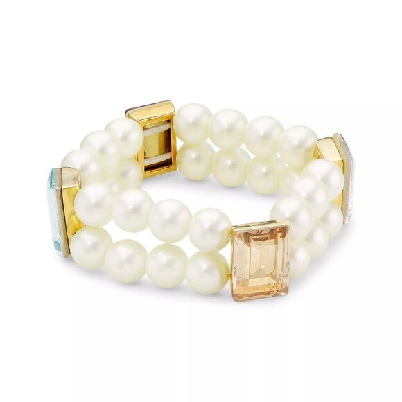 KENNETH JAY LANE- 2 ROW PEARL STRETCH BRACELET WITH COLOR CRYSTALS - Picture 1 of 9